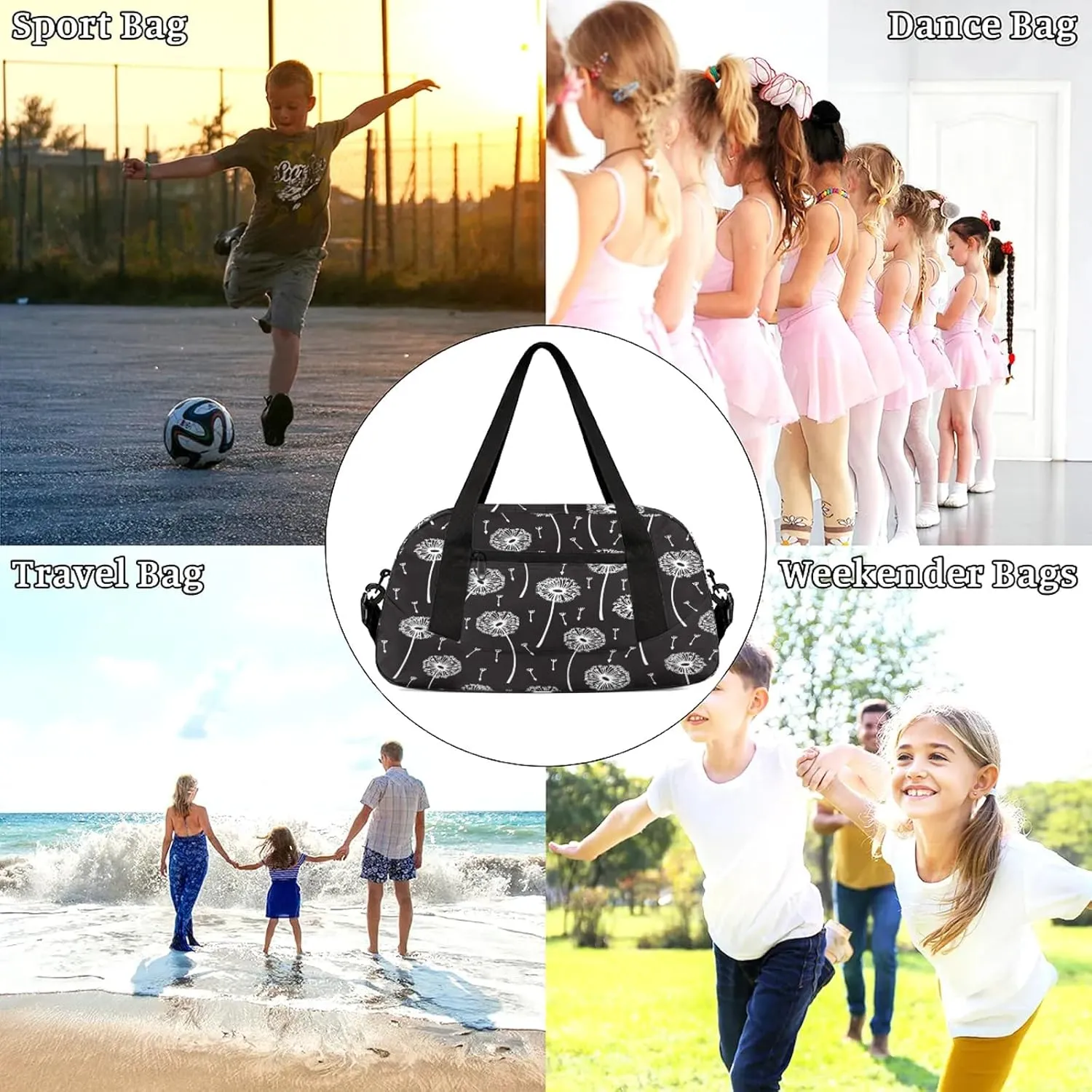 Art Dandelion Pattern Kids Duffel Bag Lightweight Waterproof Sports Gym Bag with Front Zipper Pocket Foldable Weekender Overnight Bag for School Practice Gymnastic Ballet