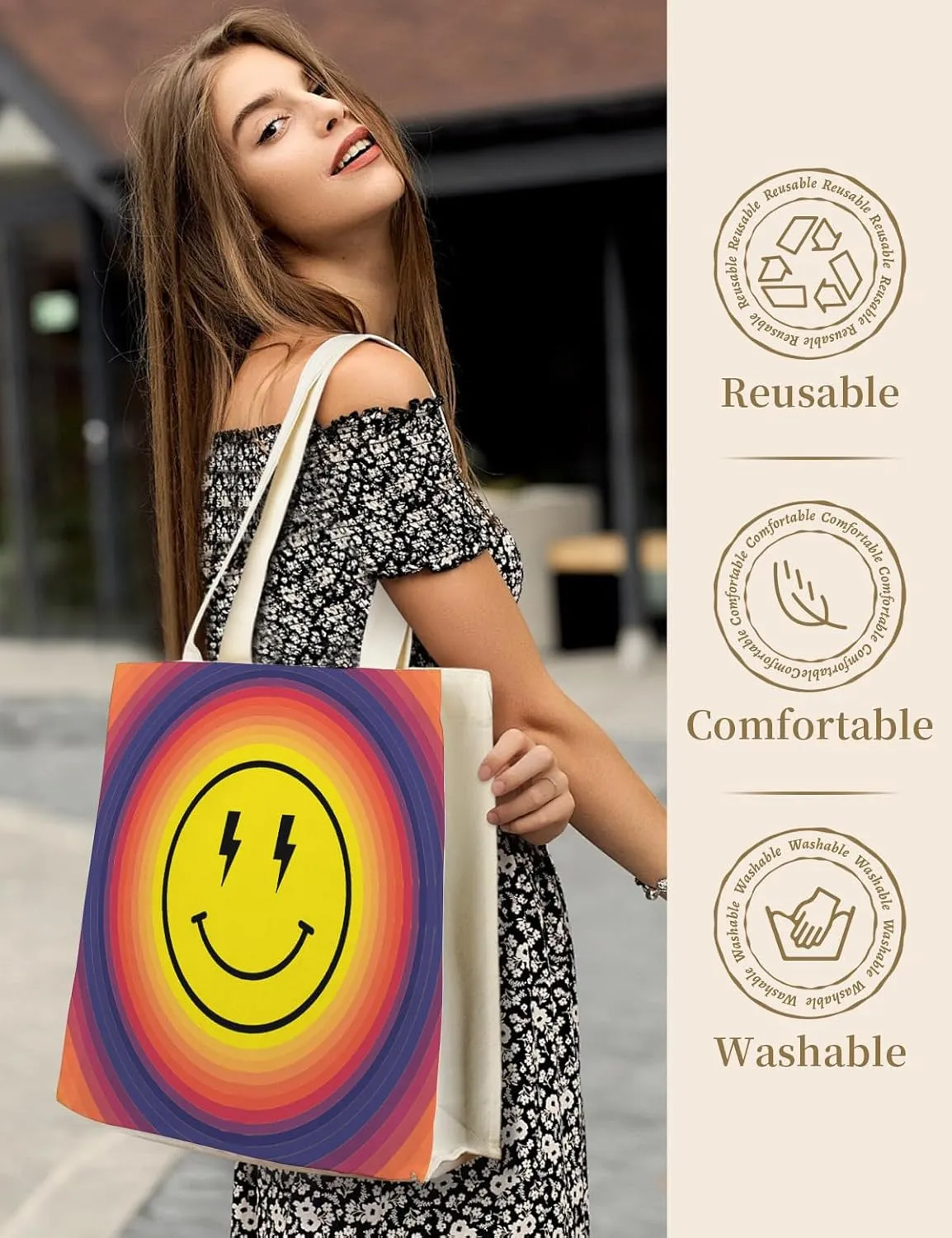 AUSVKAI Canvas Tote Bag Aesthetic for Women, Cute Reusable Bags with Pockets & Snaps for Beach Shopping College Gym Grocery
