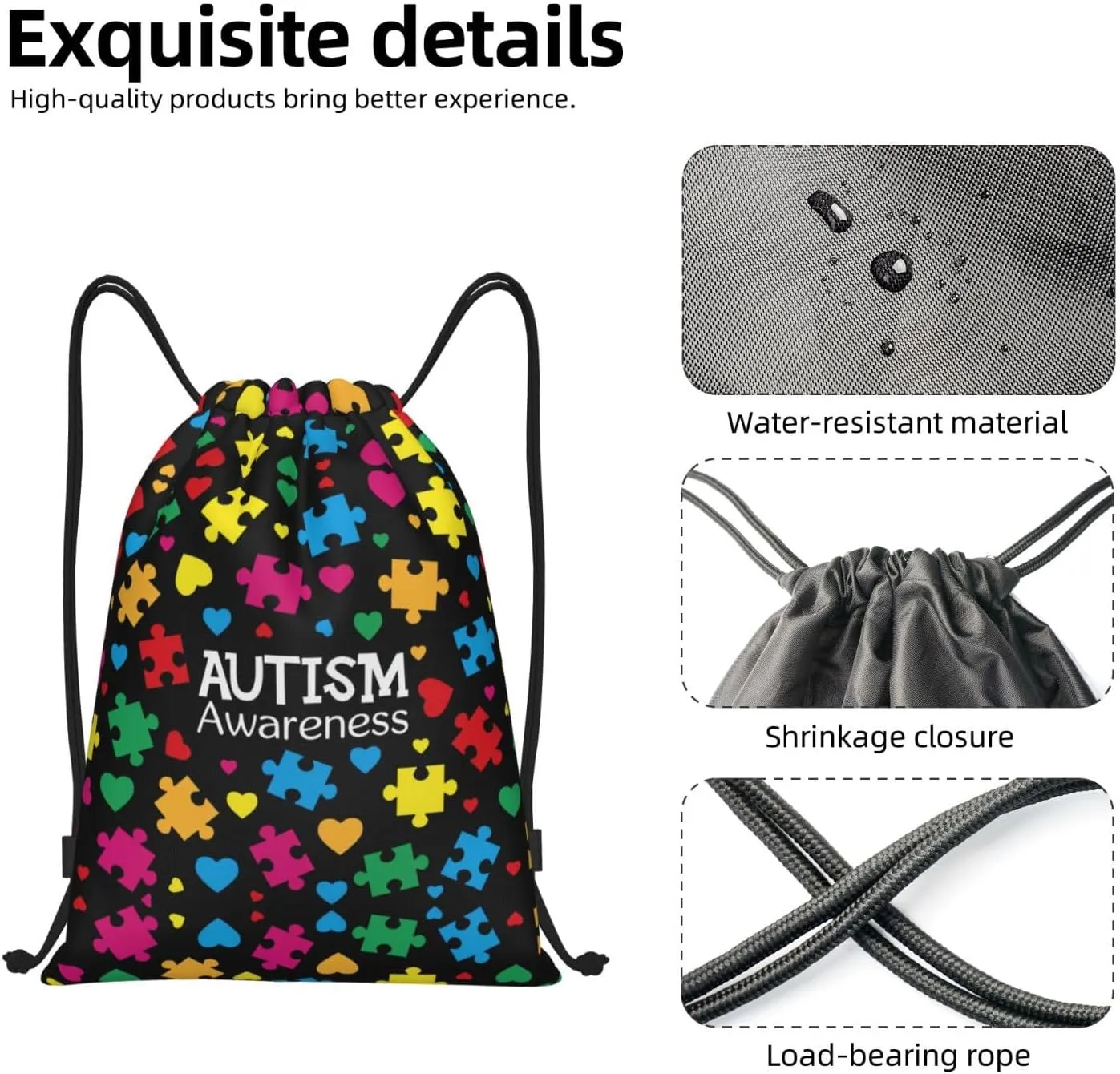 Autism Awareness Drawstring Bags Autism Adjustable Bags Backpack for Sports, Gym, Yoga,Travel, Swimming, Beach