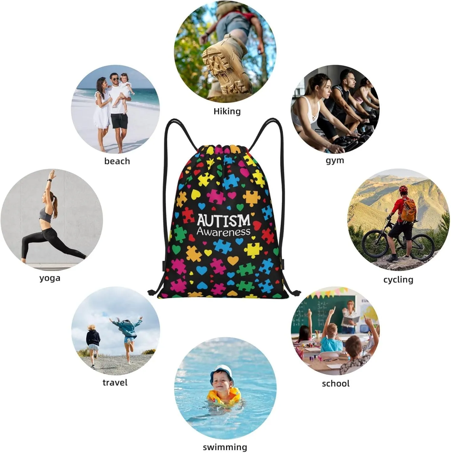 Autism Awareness Drawstring Bags Autism Adjustable Bags Backpack for Sports, Gym, Yoga,Travel, Swimming, Beach