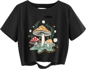 Avanova Women Skull Finger Graphic Distressed Tee Shirt Ripped Short Sleeve Crop Tops