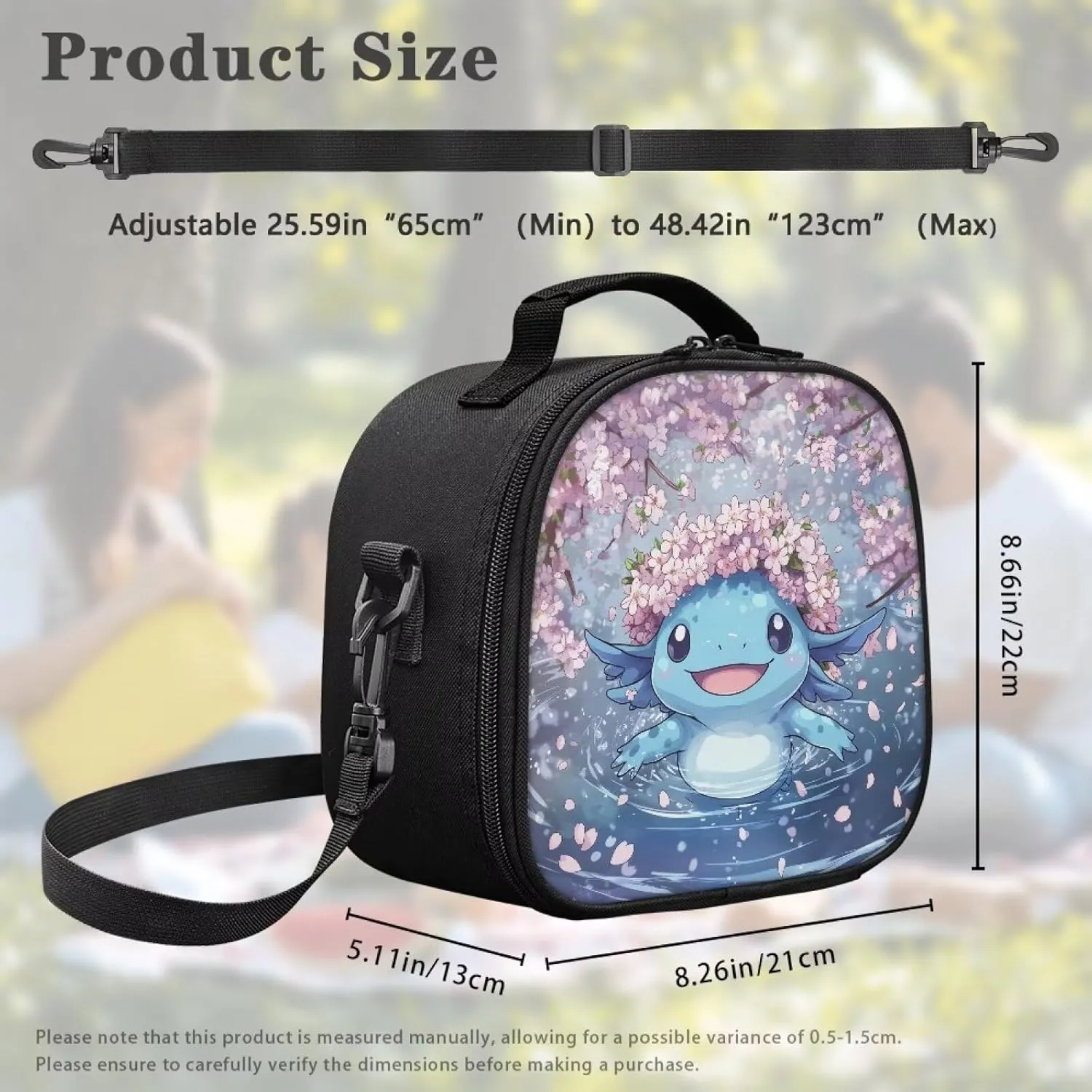 Axolotl Lunch Boxes Cherry Blossom Lunch Bag Insulated Leakproof Soft Small Lunchbox Cooler Bag for School Travel Beach Thermal Meal Tote Handbag with Adjustable Shoulder Strap