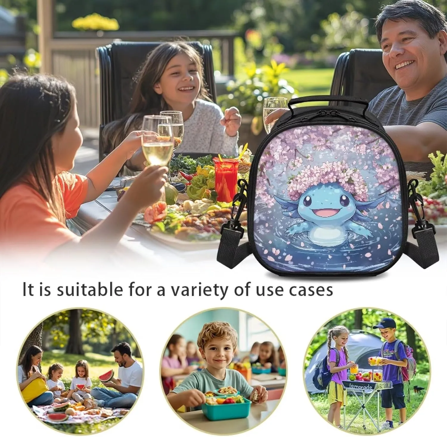Axolotl Lunch Boxes Cherry Blossom Lunch Bag Insulated Leakproof Soft Small Lunchbox Cooler Bag for School Travel Beach Thermal Meal Tote Handbag with Adjustable Shoulder Strap
