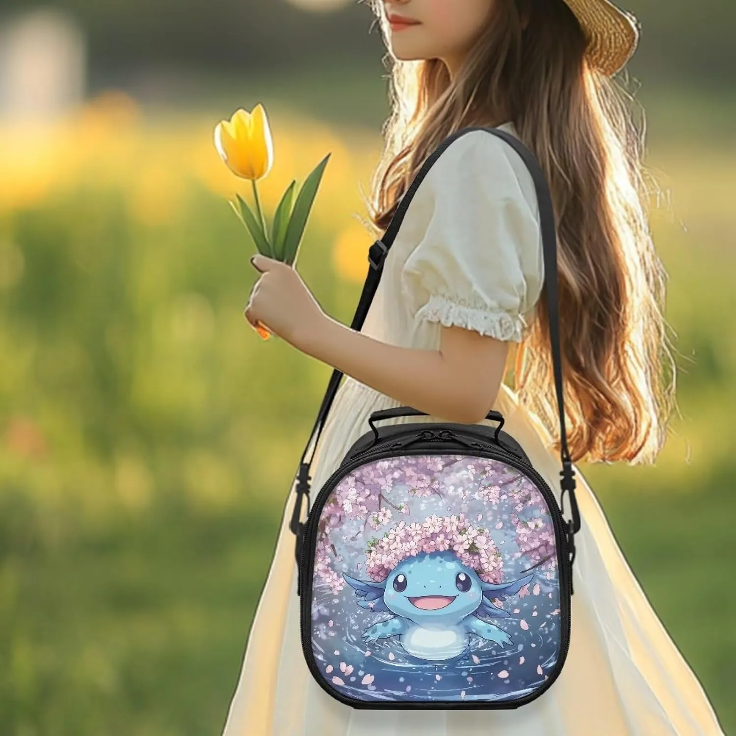 Axolotl Lunch Boxes Cherry Blossom Lunch Bag Insulated Leakproof Soft Small Lunchbox Cooler Bag for School Travel Beach Thermal Meal Tote Handbag with Adjustable Shoulder Strap