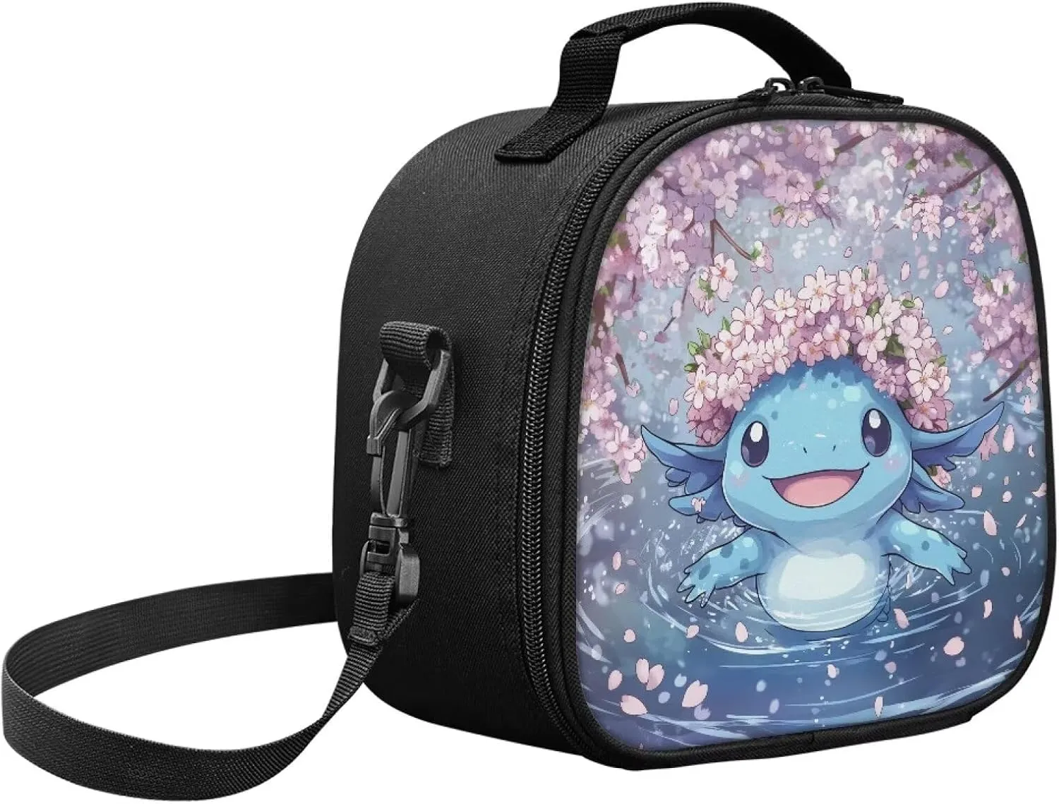 Axolotl Lunch Boxes Cherry Blossom Lunch Bag Insulated Leakproof Soft Small Lunchbox Cooler Bag for School Travel Beach Thermal Meal Tote Handbag with Adjustable Shoulder Strap