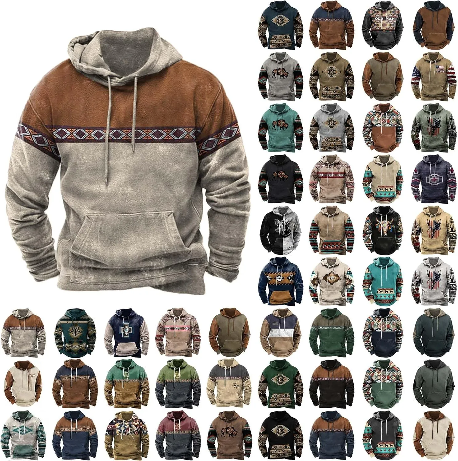 Aymnlox Hoodies for Men Western Aztec Ethnic Lightweight Hooded Sweatshirts Casual Long Sleeve Ethnic Print Loose Pullover