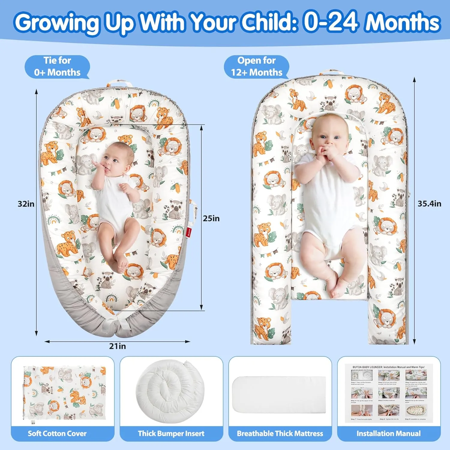 Baby Lounger - Baby Lounger for Newborn 0-24 Months, Breathable & Soft Baby Nest, Portable and Lightweight Lounger for Home and Travel, Ideal Newborn Babies Essentials