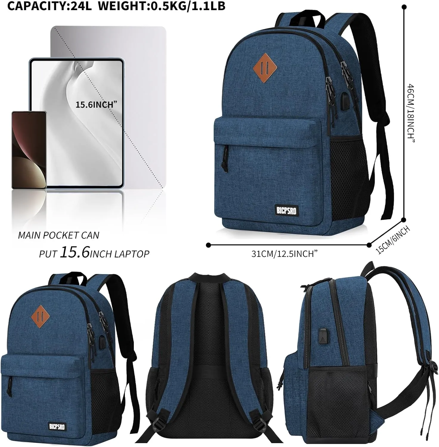 Backpack for Women Men, Casual School Backpack for Girls Boys Teens, 15.6 Inch Laptop Bookbag with USB Charger for College High School back pack lightweight mochilas para hombres, Blue