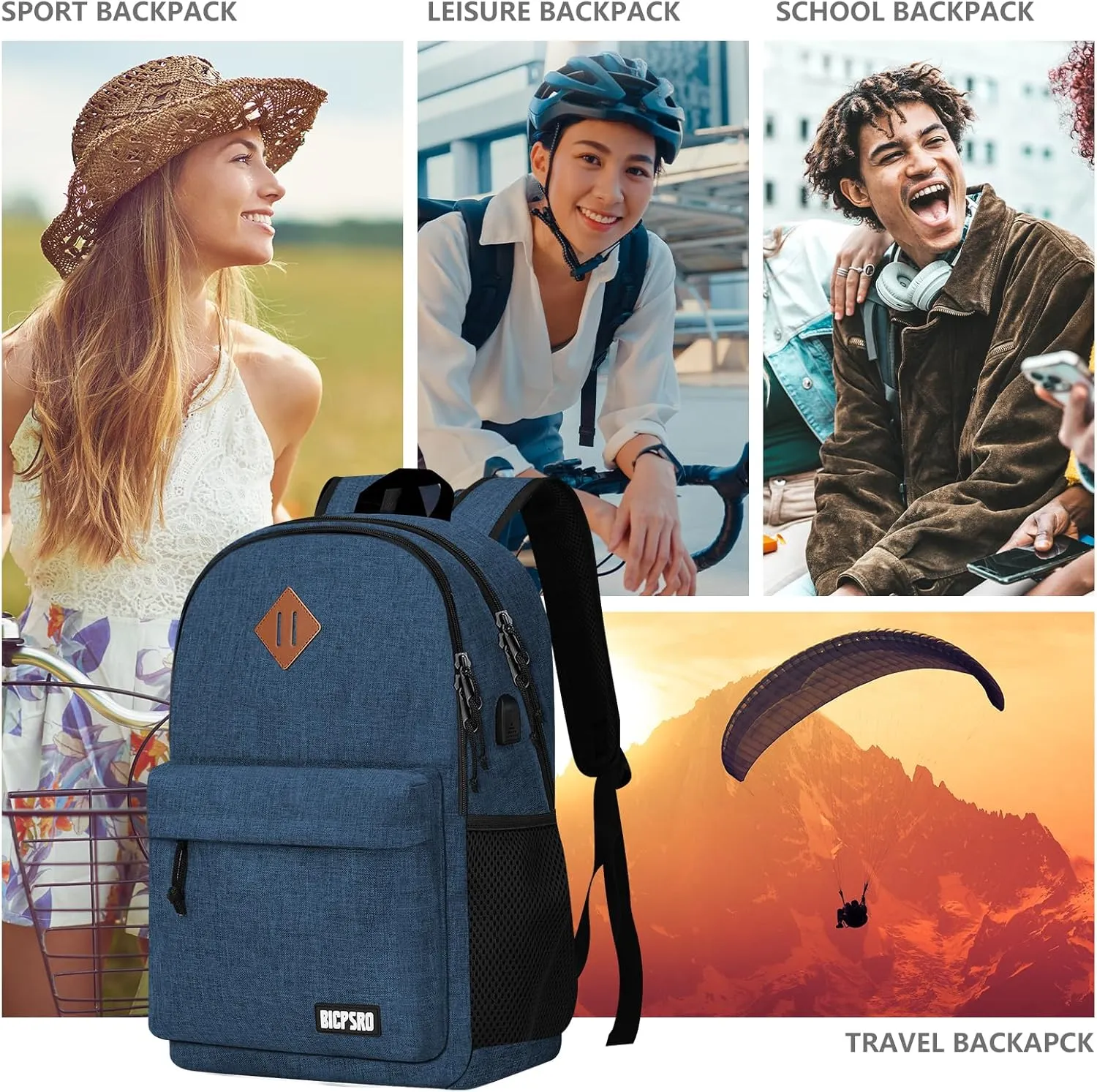 Backpack for Women Men, Casual School Backpack for Girls Boys Teens, 15.6 Inch Laptop Bookbag with USB Charger for College High School back pack lightweight mochilas para hombres, Blue