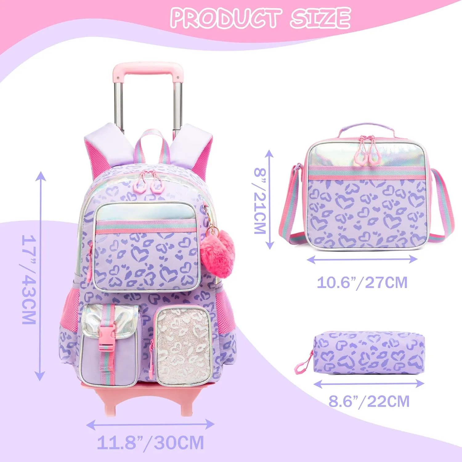 Backpack with Wheels for Girls Rolling Backpack with Lunch Box Pencil Case for Kids Carry On Suitcase with Wheels for Elementary Teens Girls