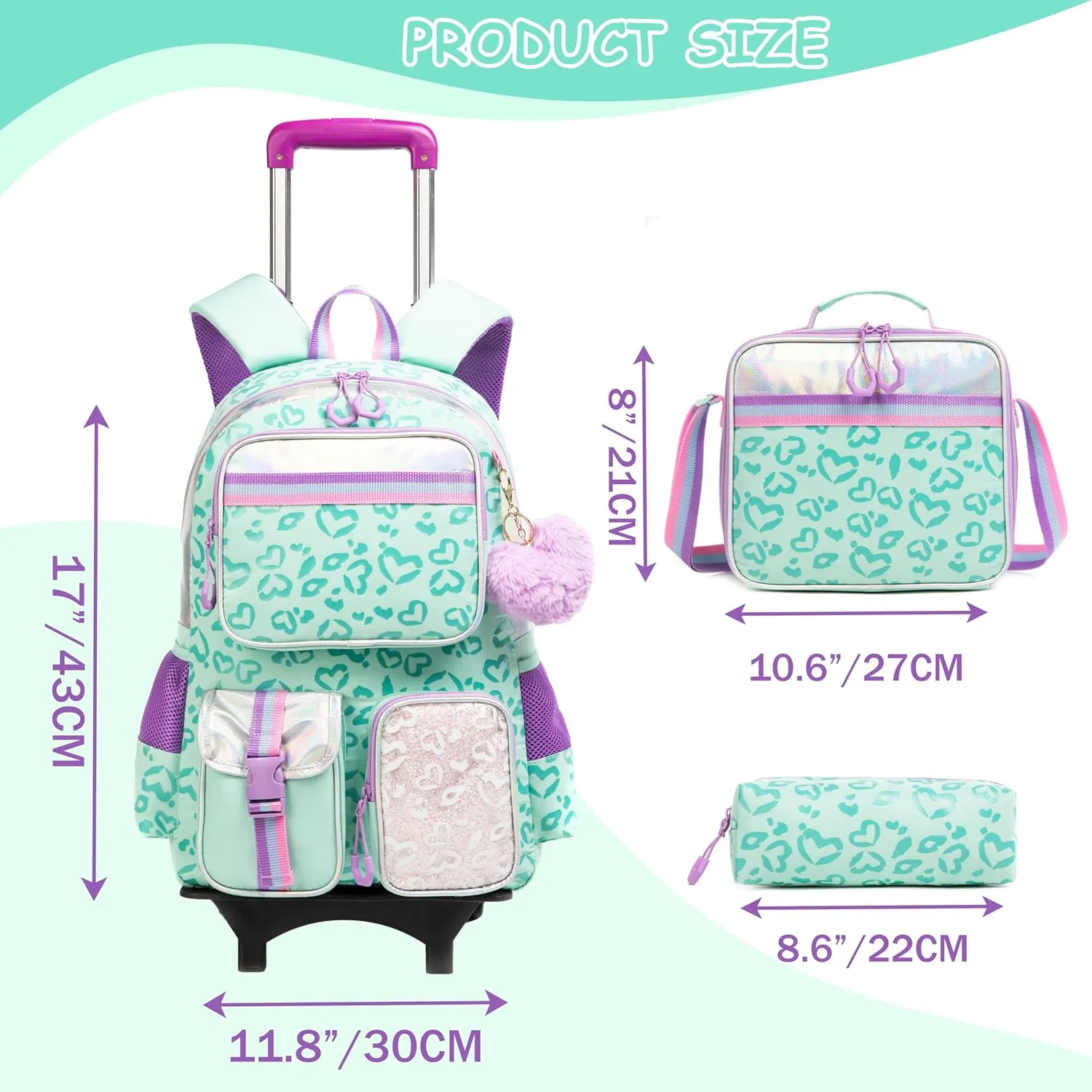 Backpack with Wheels for Girls Rolling Backpack with Lunch Box Pencil Case for Kids Carry On Suitcase with Wheels for Elementary Teens Girls