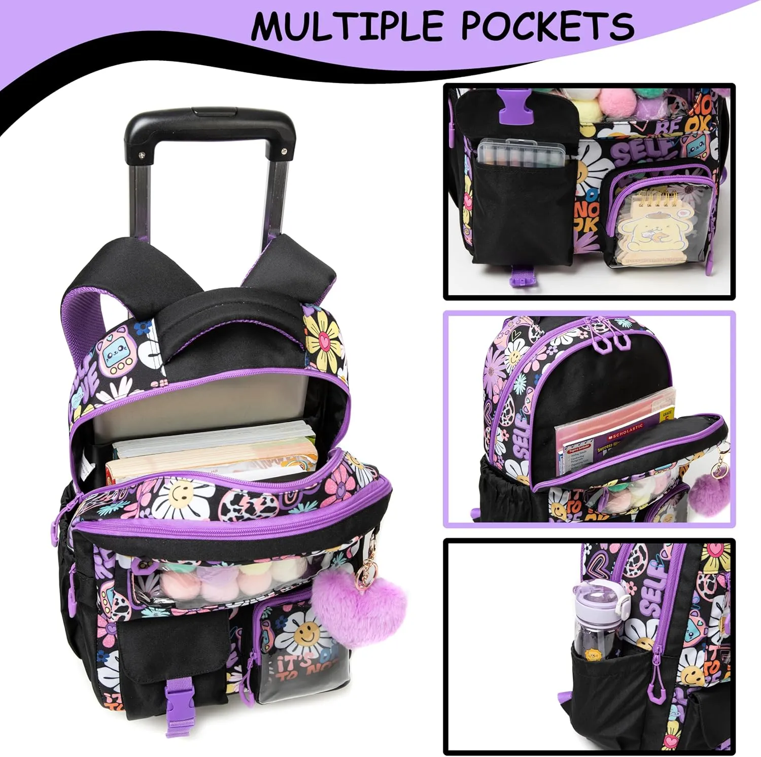 Backpack with Wheels for Girls Rolling Backpack with Lunch Box Pencil Case for Kids Carry On Suitcase with Wheels for Elementary Teens Girls