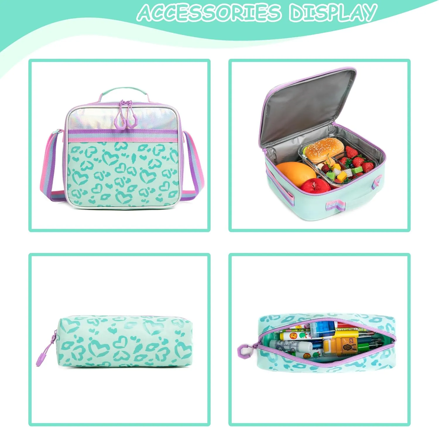 Backpack with Wheels for Girls Rolling Backpack with Lunch Box Pencil Case for Kids Carry On Suitcase with Wheels for Elementary Teens Girls