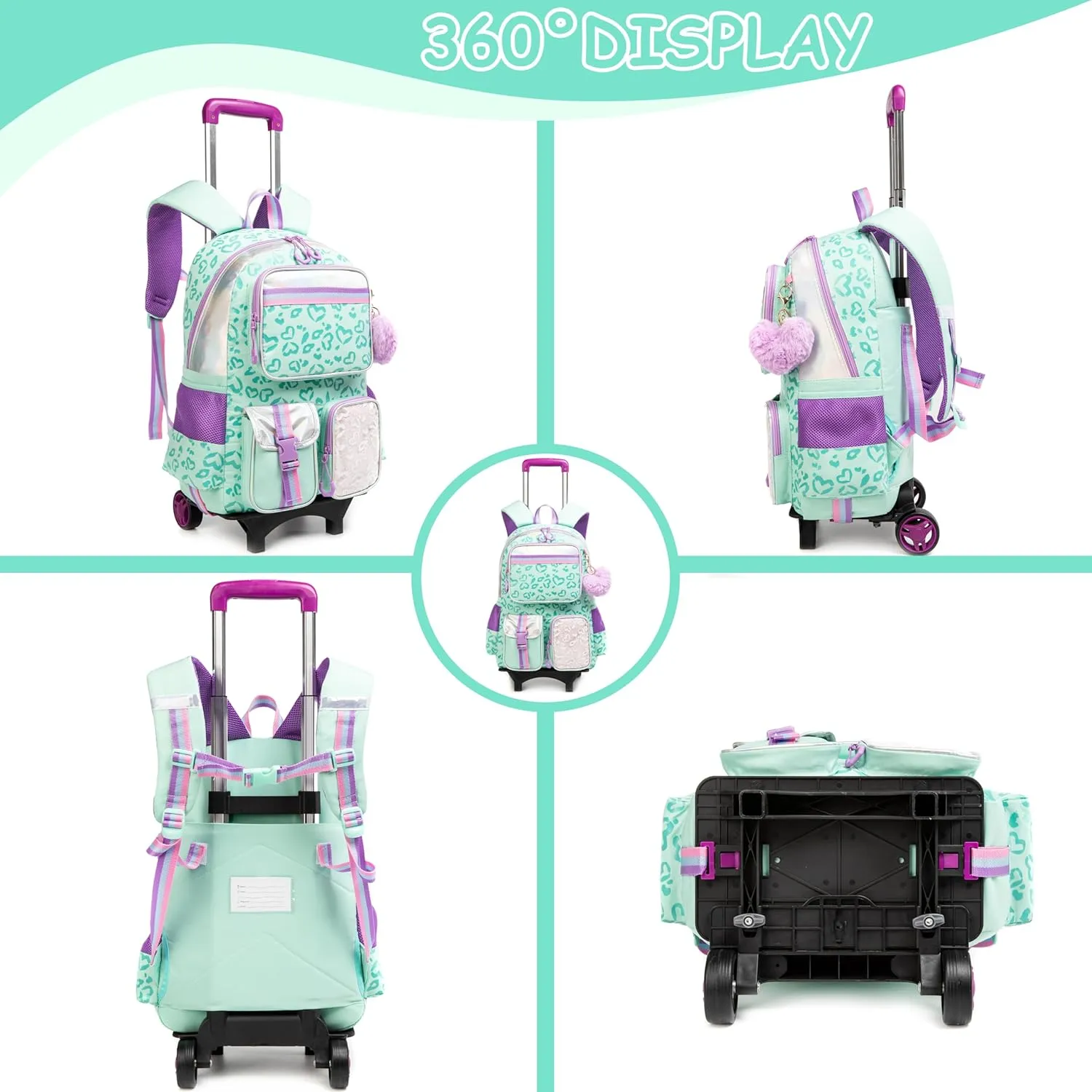 Backpack with Wheels for Girls Rolling Backpack with Lunch Box Pencil Case for Kids Carry On Suitcase with Wheels for Elementary Teens Girls