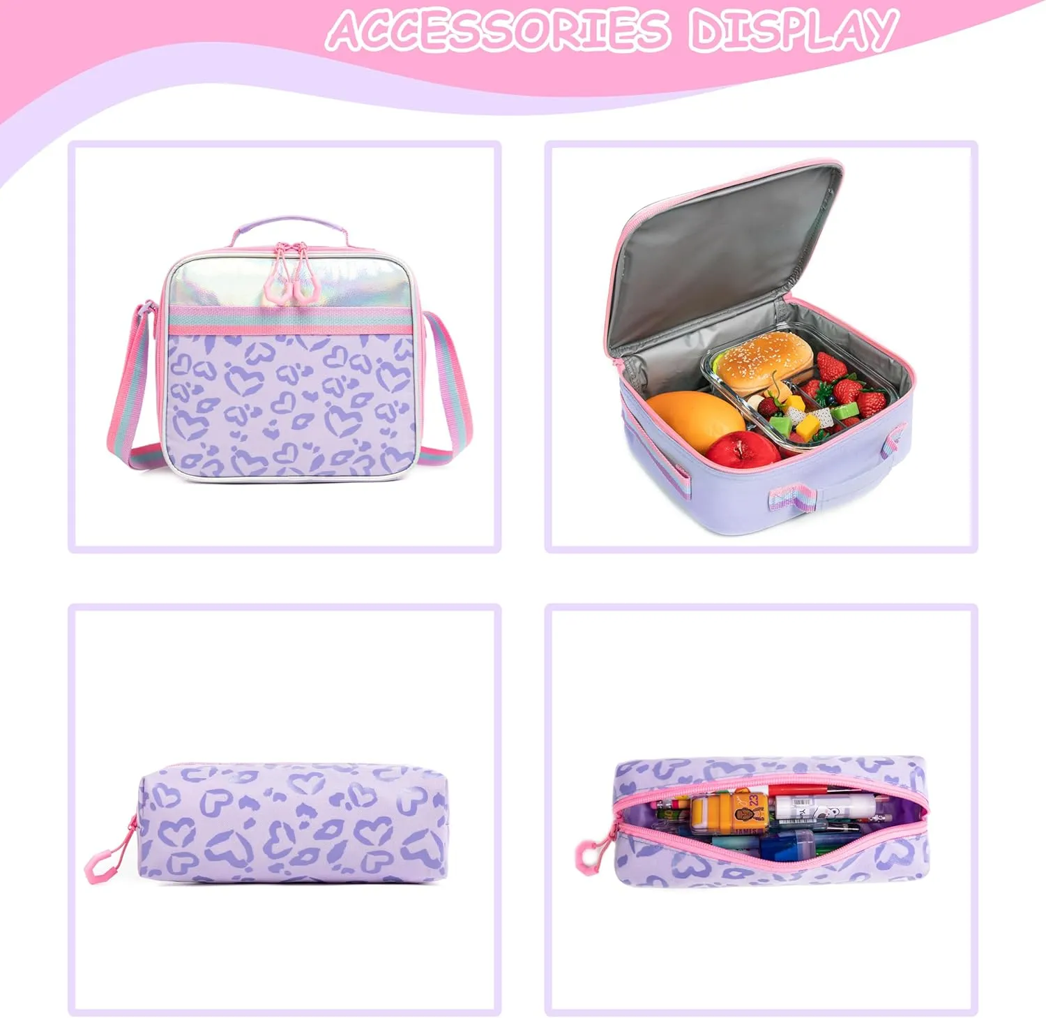 Backpack with Wheels for Girls Rolling Backpack with Lunch Box Pencil Case for Kids Carry On Suitcase with Wheels for Elementary Teens Girls