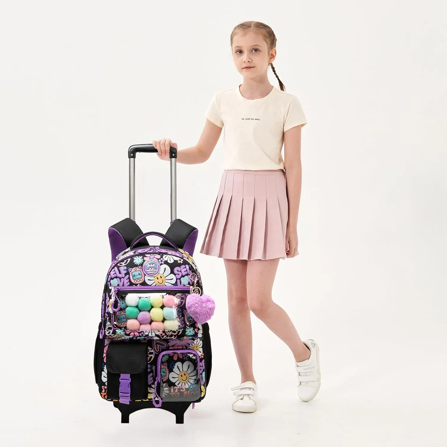 Backpack with Wheels for Girls Rolling Backpack with Lunch Box Pencil Case for Kids Carry On Suitcase with Wheels for Elementary Teens Girls