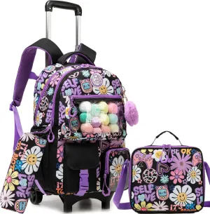Backpack with Wheels for Girls Rolling Backpack with Lunch Box Pencil Case for Kids Carry On Suitcase with Wheels for Elementary Teens Girls
