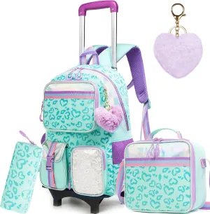 Backpack with Wheels for Girls Rolling Backpack with Lunch Box Pencil Case for Kids Carry On Suitcase with Wheels for Elementary Teens Girls