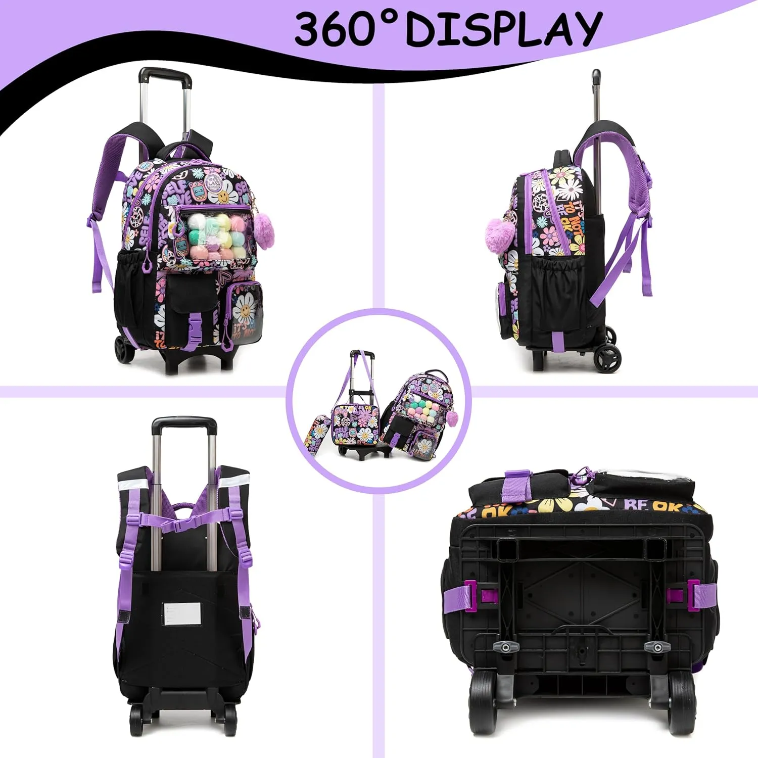 Backpack with Wheels for Girls Rolling Backpack with Lunch Box Pencil Case for Kids Carry On Suitcase with Wheels for Elementary Teens Girls