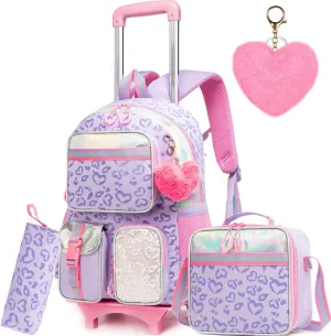 Backpack with Wheels for Girls Rolling Backpack with Lunch Box Pencil Case for Kids Carry On Suitcase with Wheels for Elementary Teens Girls