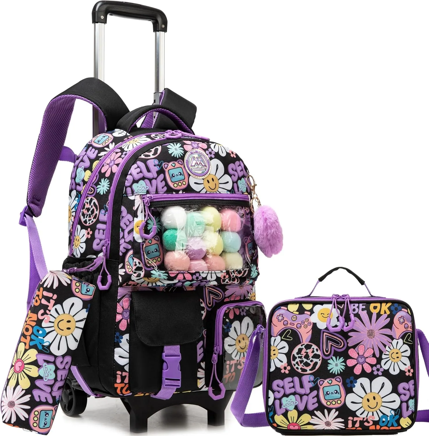 Backpack with Wheels for Girls Rolling Backpack with Lunch Box Pencil Case for Kids Carry On Suitcase with Wheels for Elementary Teens Girls