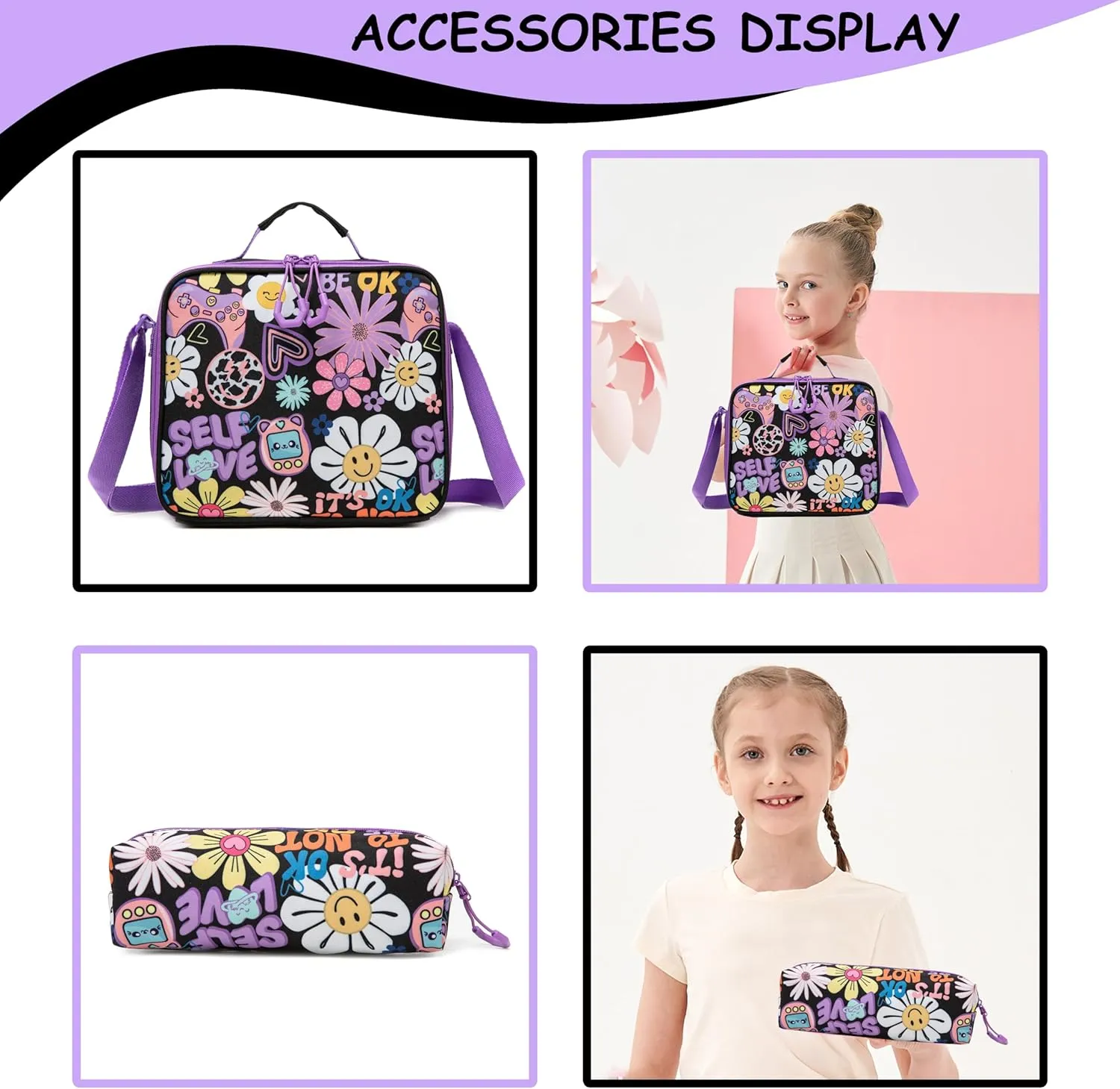 Backpack with Wheels for Girls Rolling Backpack with Lunch Box Pencil Case for Kids Carry On Suitcase with Wheels for Elementary Teens Girls