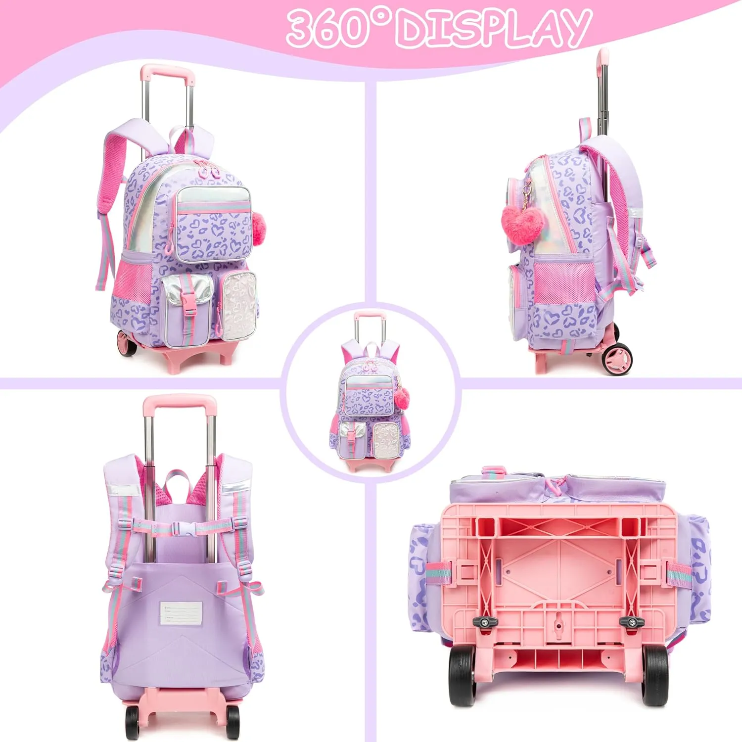 Backpack with Wheels for Girls Rolling Backpack with Lunch Box Pencil Case for Kids Carry On Suitcase with Wheels for Elementary Teens Girls