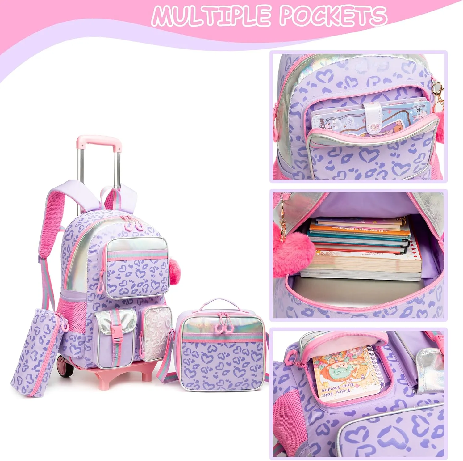 Backpack with Wheels for Girls Rolling Backpack with Lunch Box Pencil Case for Kids Carry On Suitcase with Wheels for Elementary Teens Girls