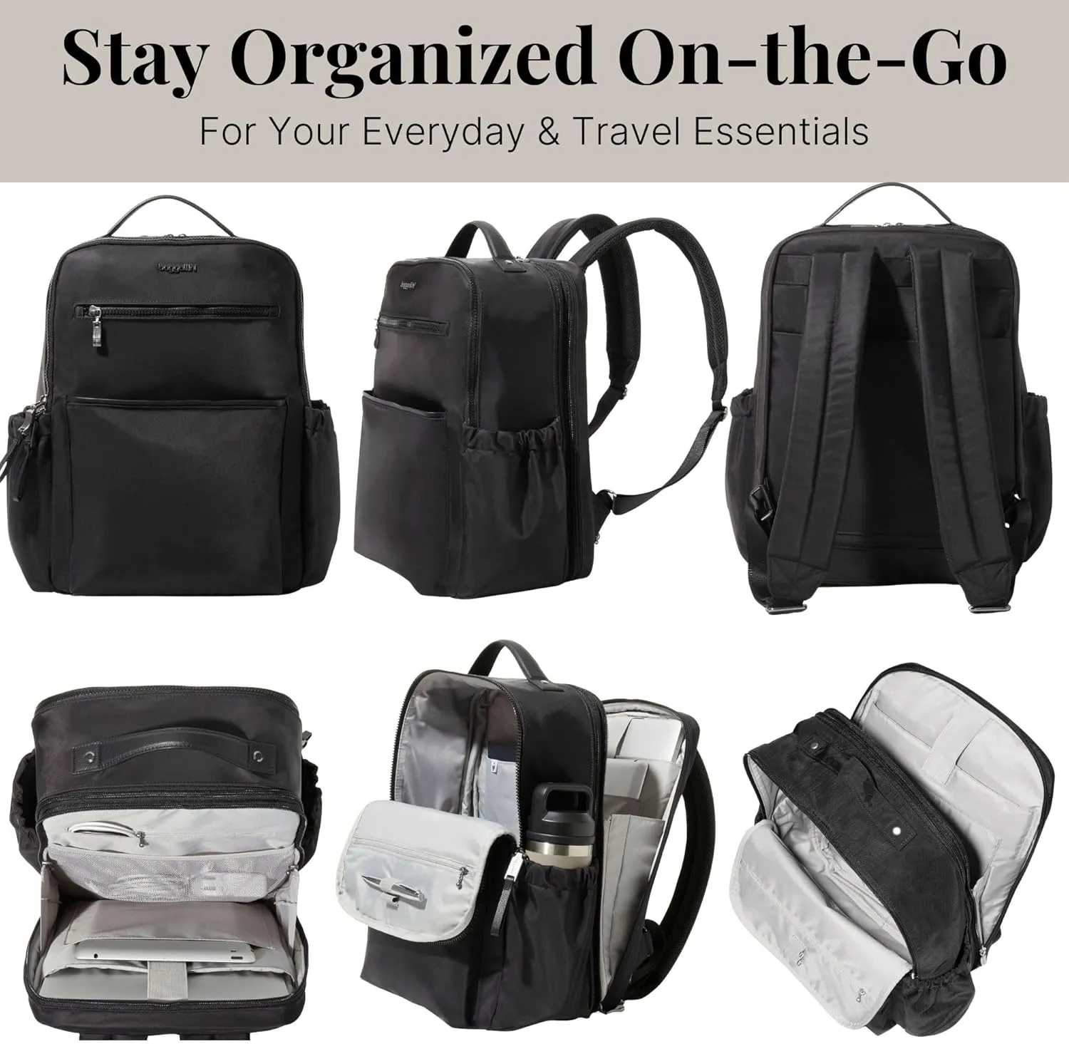 Baggallini Tribeca Expandable Laptop Backpack - 15"x11" Lightweight Work Travel Bag w/Luggage Sleeve & RFID