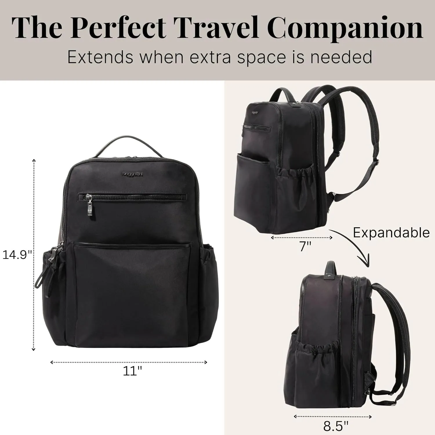 Baggallini Tribeca Expandable Laptop Backpack - 15"x11" Lightweight Work Travel Bag w/Luggage Sleeve & RFID