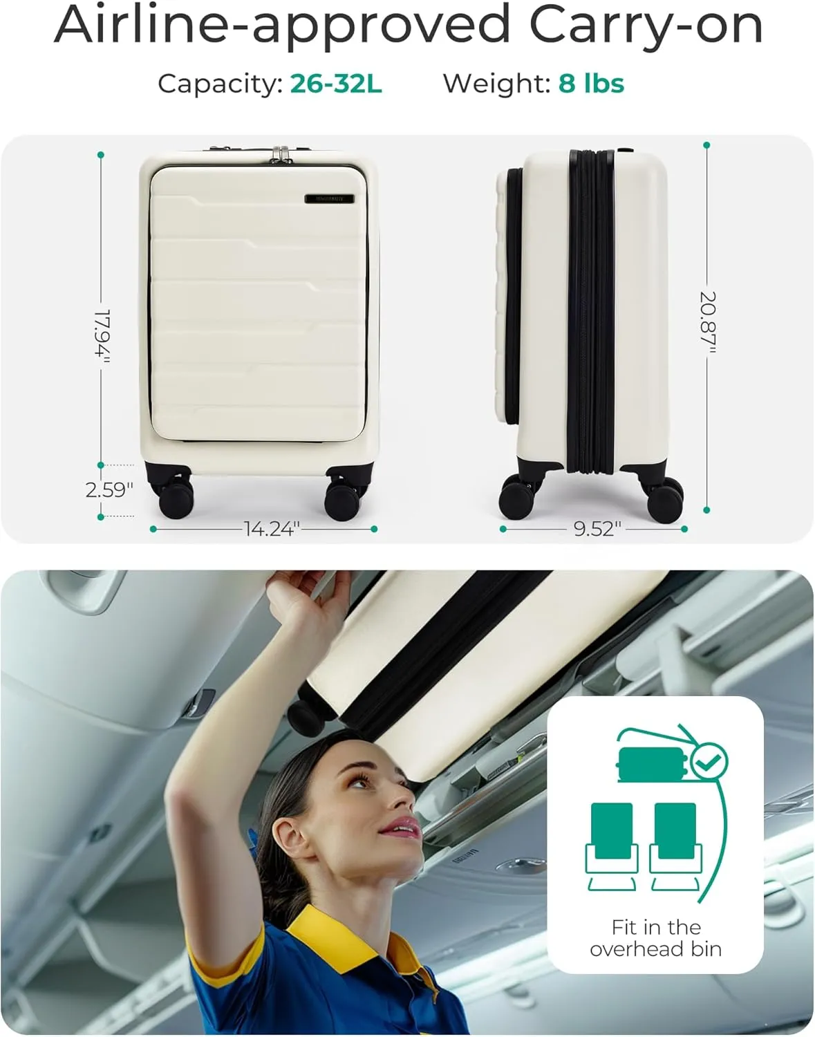 BAGSMART Expandable Carry On Luggage 22x14x9 Airline Approved, 20 Inch Suitcase with Spinner Wheels, Charging Ports, TSA Lock, Hard Shell Front Opening for Men Women Travel Business, White