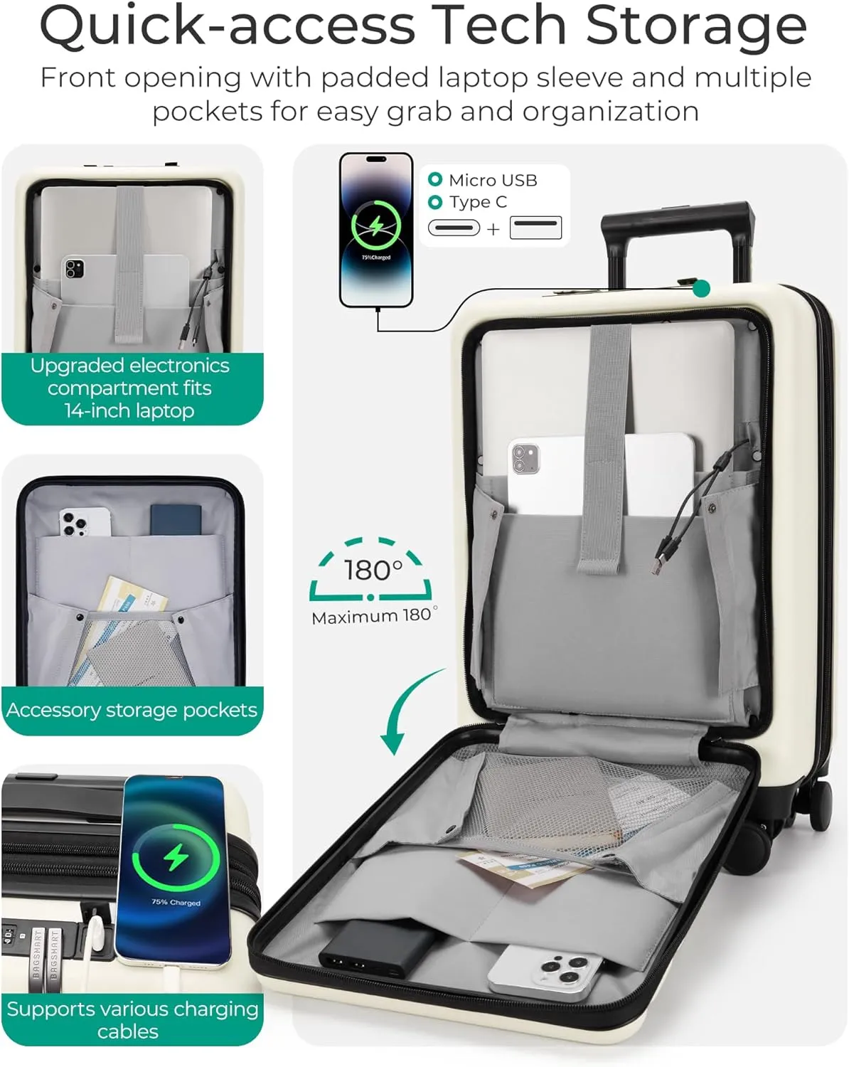 BAGSMART Expandable Carry On Luggage 22x14x9 Airline Approved, 20 Inch Suitcase with Spinner Wheels, Charging Ports, TSA Lock, Hard Shell Front Opening for Men Women Travel Business, White