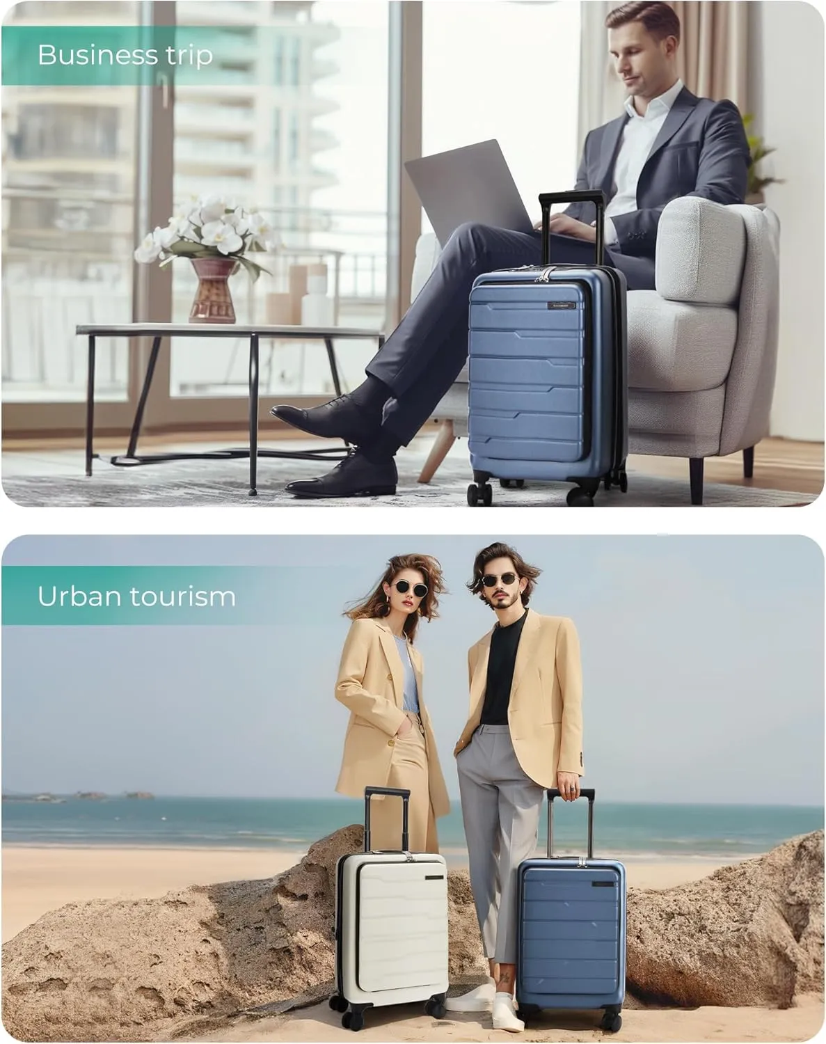 BAGSMART Expandable Carry On Luggage 22x14x9 Airline Approved, 20 Inch Suitcase with Spinner Wheels, Charging Ports, TSA Lock, Hard Shell Front Opening for Men Women Travel Business, White