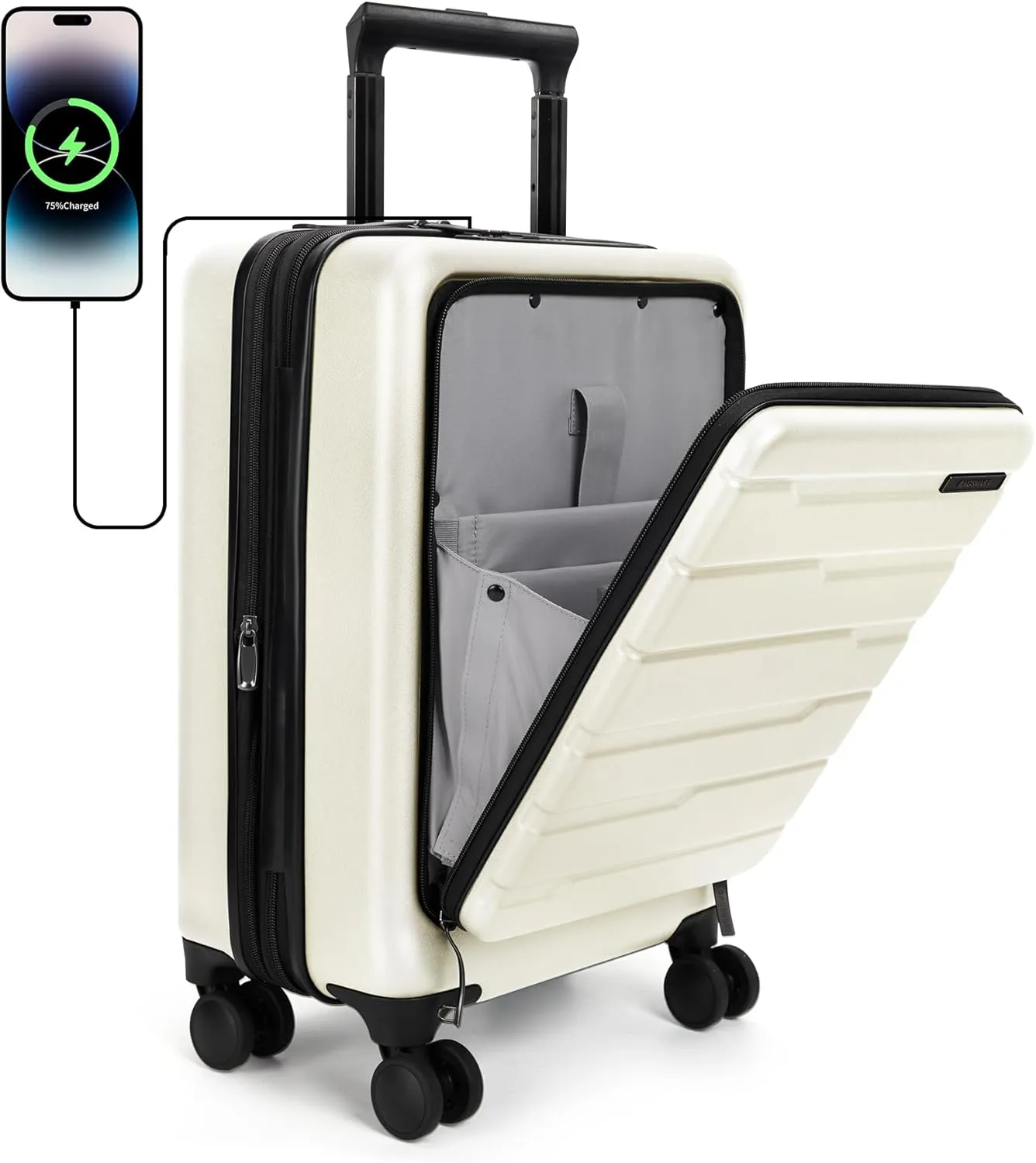 BAGSMART Expandable Carry On Luggage 22x14x9 Airline Approved, 20 Inch Suitcase with Spinner Wheels, Charging Ports, TSA Lock, Hard Shell Front Opening for Men Women Travel Business, White
