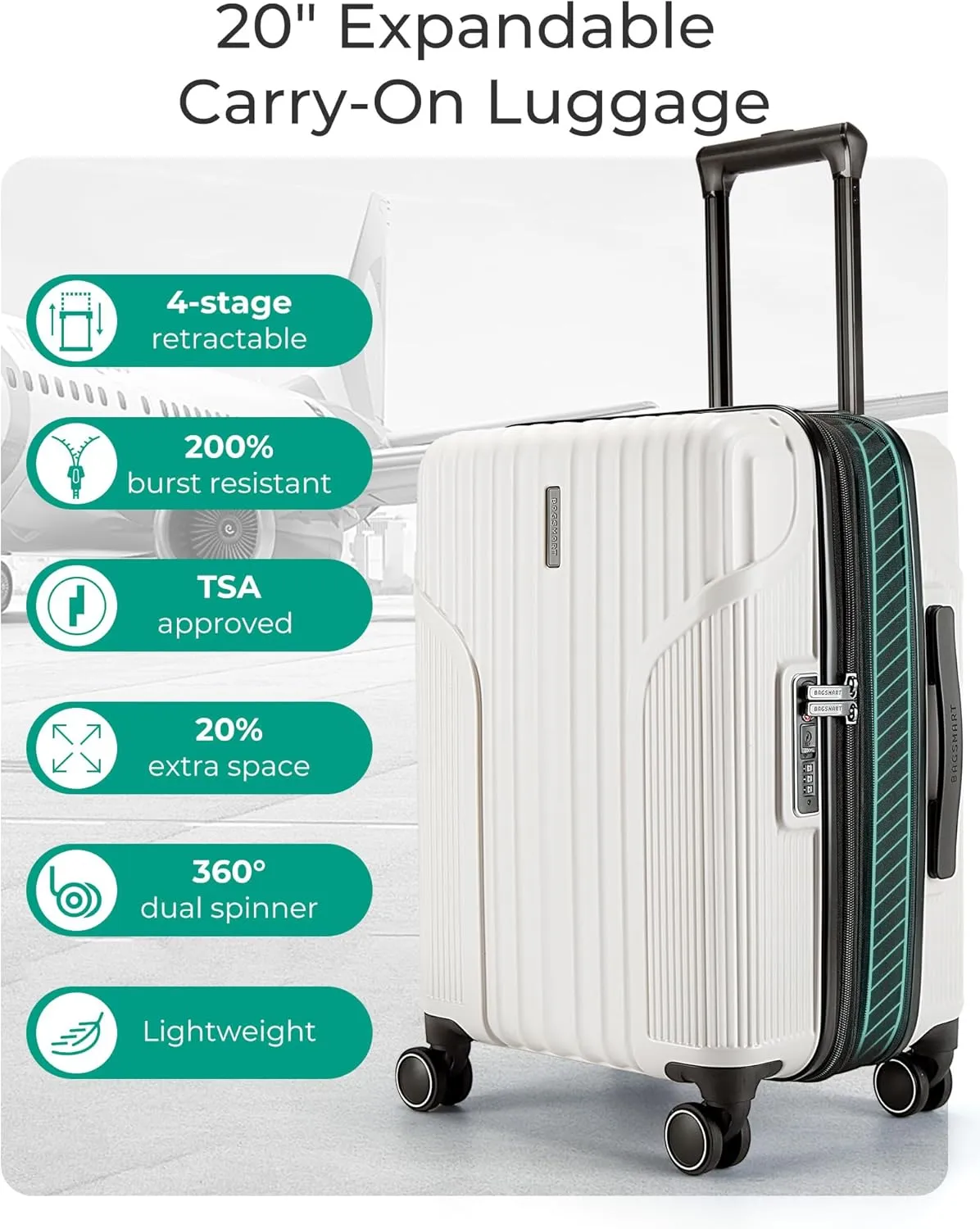 BAGSMART Expandable Carry On Luggage 22x14x9 Airline Approved, Carry-On Suitcase with Spinner Wheels, Hardside Polycarbonate Rolling Travel Luggage with TSA Lock 20-Inch, Beige