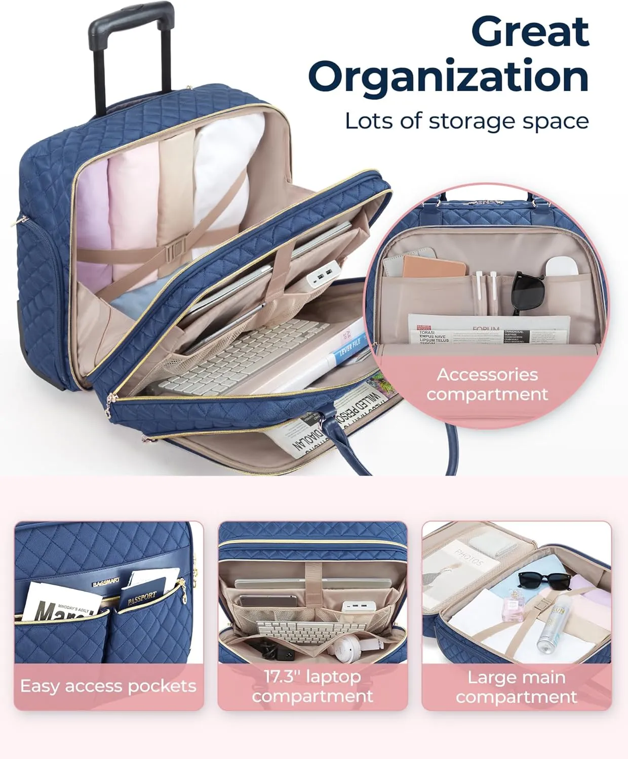 BAGSMART Rolling Laptop Bag Women, Rolling Briefcase for Women, 17.3 Inch with Wheels Computer Bag Rolling Laptop Case for Work Travel Business, Navy Blue