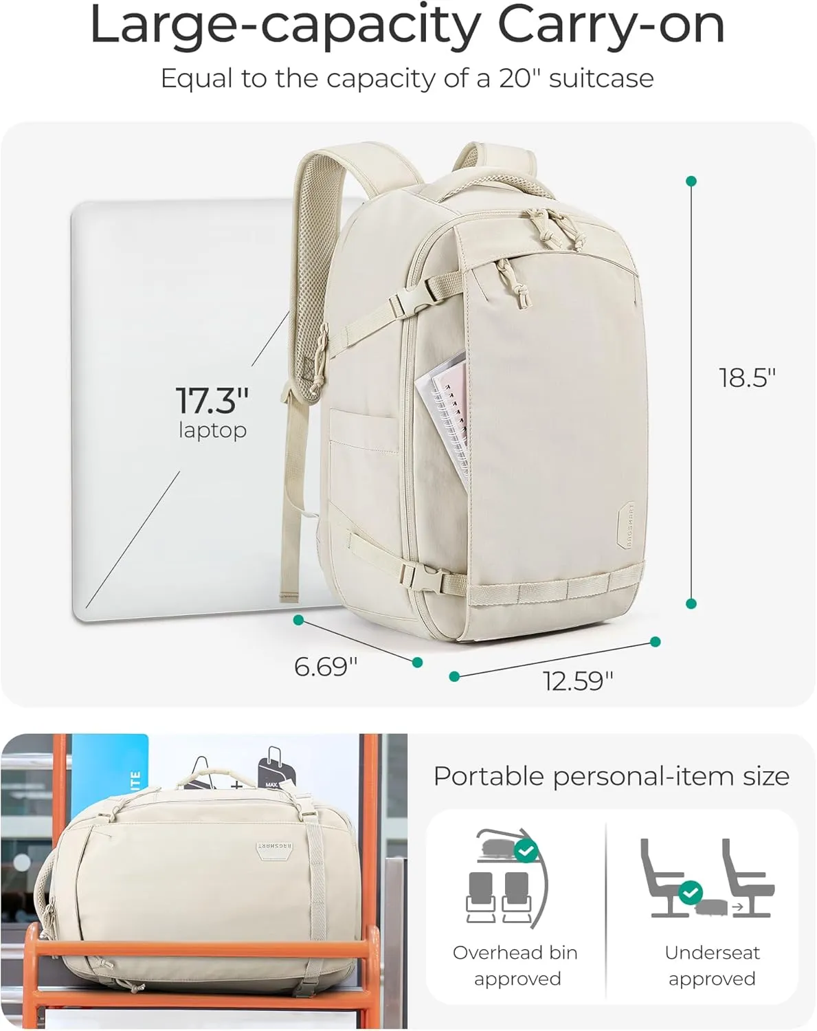 BAGSMART Travel Backpack for Women, 30L Travel Backpack Carry On Flight Approved, TSA Approved Personal Item Travel Bag, Water Resistant Weekender Bag Luggage Daypack, Green
