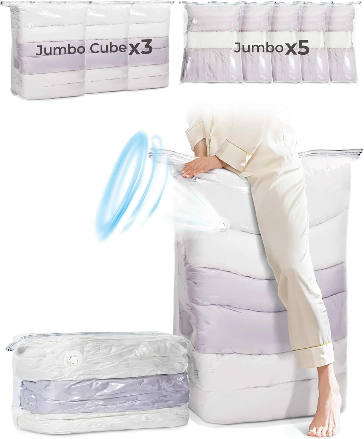 BAGSMART Vacuum Seal Storage Bags for Clothing, 8 Pack Space Saver Bags, 80% Compression Bags for Comforters, Blankets, Bedding, Clothes Storage (3 Jumbo Cube 5 Jumbo)