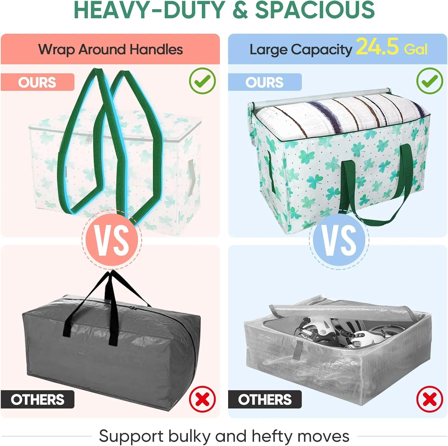 BALEINE 2-Pack Oversized Moving Bags with Reinforced Handles, Heavy-Duty Storage Tote for Clothes, Moving Supplies (Clover, 2-Pack)