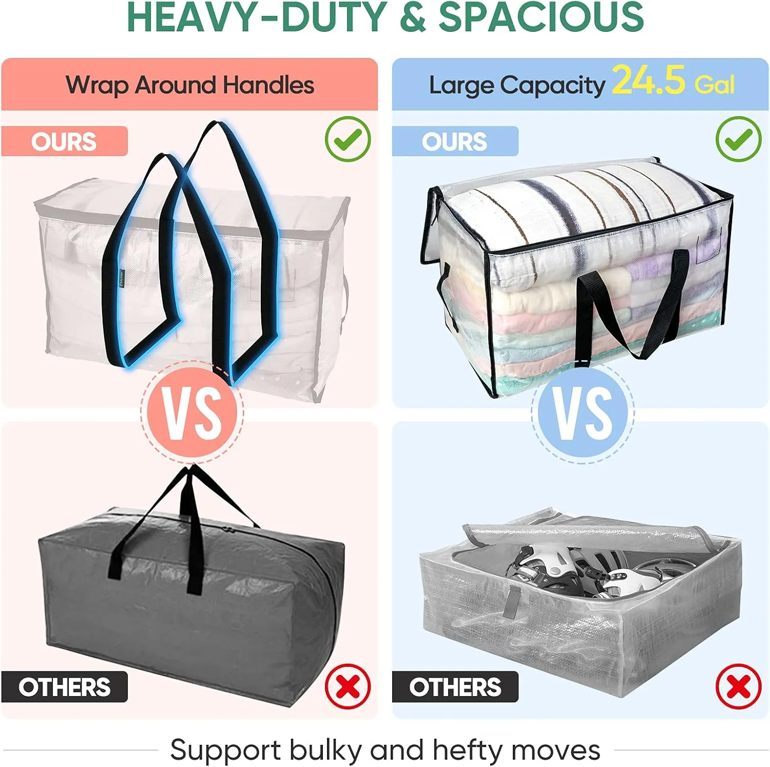 BALEINE 6-Pack Oversized Moving Bags with Reinforced Handles, Heavy-Duty Storage Tote for Clothes, Moving Supplies (Clear, 6-Pack)