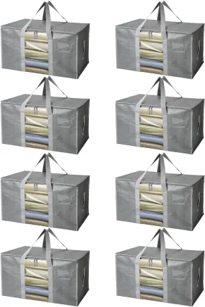 BALEINE 8-Pack Oversized Moving Bags with Reinforced Handles, Heavy-Duty Storage Tote for Clothes, Moving Supplies (Grey with Window, 8 Pack)