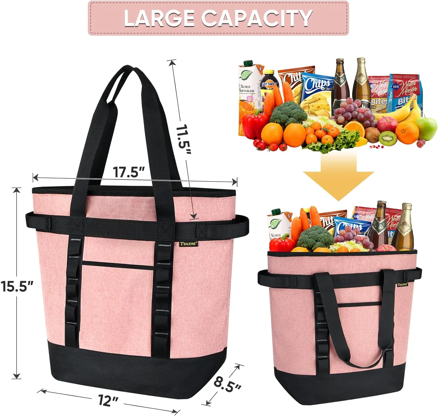 BALEINE Large 45-Can Cooler Bags Insulated, PEVA Soft Cooler Tote Bag, Insulated Grocery Bags with Zippered Top (8.5 Gallon, Dark Grey)