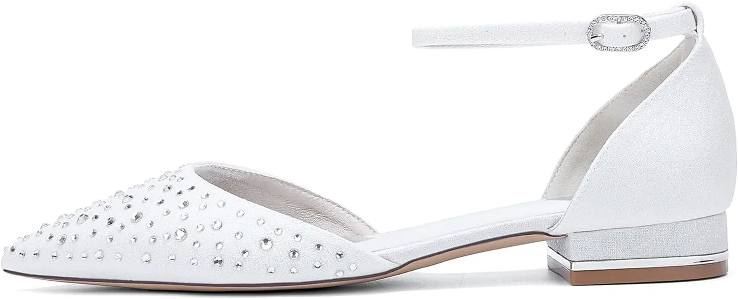 Ballet Shoes Flat Bride Crystal Wedding Shoes 2.5CM Pointed Toe Satin Pumps Women Ankle Buckle Strap Sandal for Evening Party Dress
