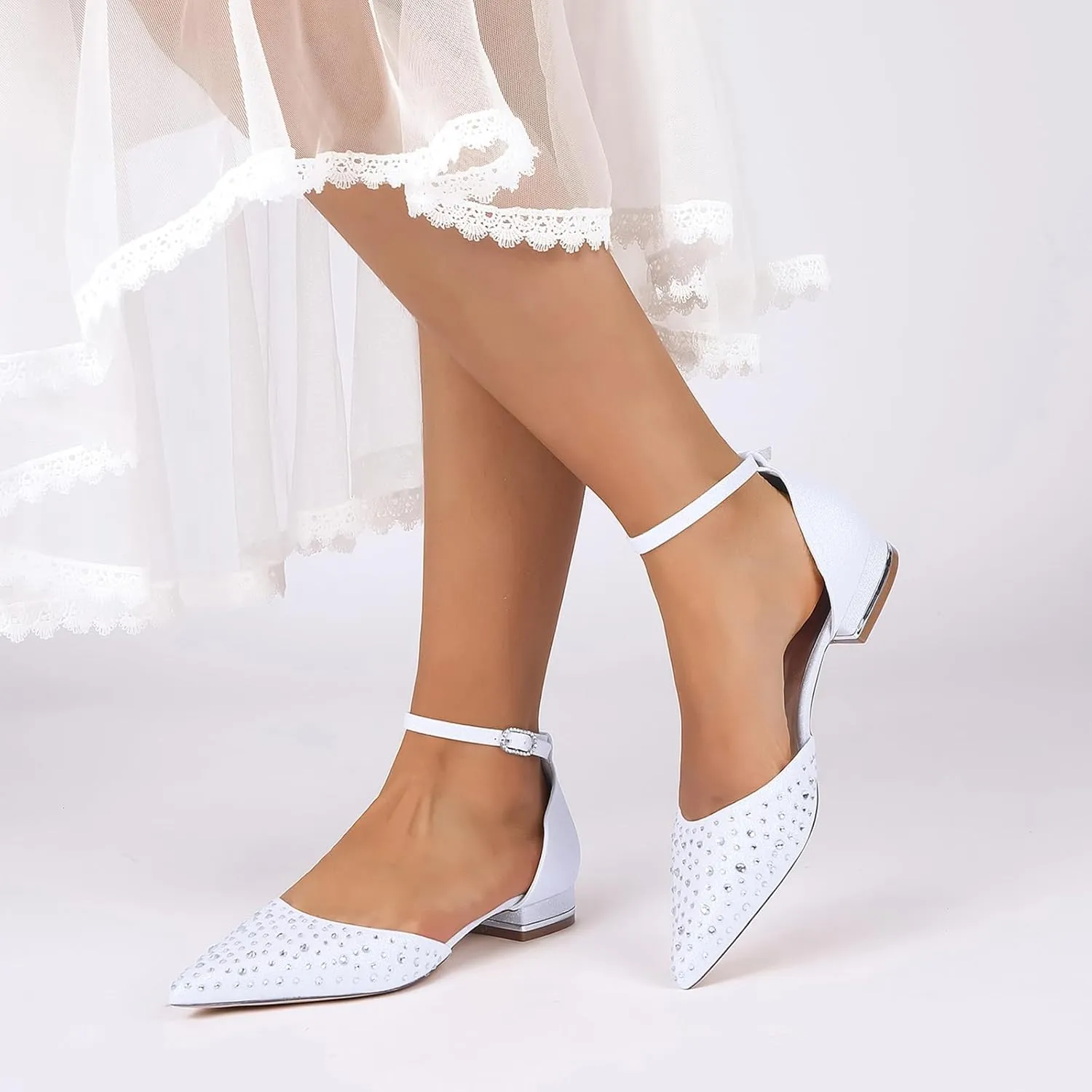 Ballet Shoes Flat Bride Crystal Wedding Shoes 2.5CM Pointed Toe Satin Pumps Women Ankle Buckle Strap Sandal for Evening Party Dress