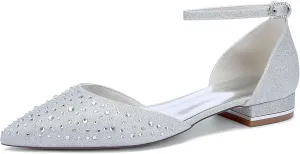 Ballet Shoes Flat Bride Crystal Wedding Shoes 2.5CM Pointed Toe Satin Pumps Women Ankle Buckle Strap Sandal for Evening Party Dress