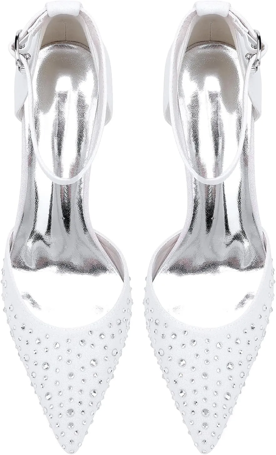 Ballet Shoes Flat Bride Crystal Wedding Shoes 2.5CM Pointed Toe Satin Pumps Women Ankle Buckle Strap Sandal for Evening Party Dress