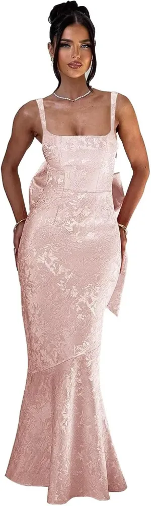 Basgute Floral Jacquard Satin Prom Dresses for Women with Bow Mermaid Long Formal Evening Party Gown