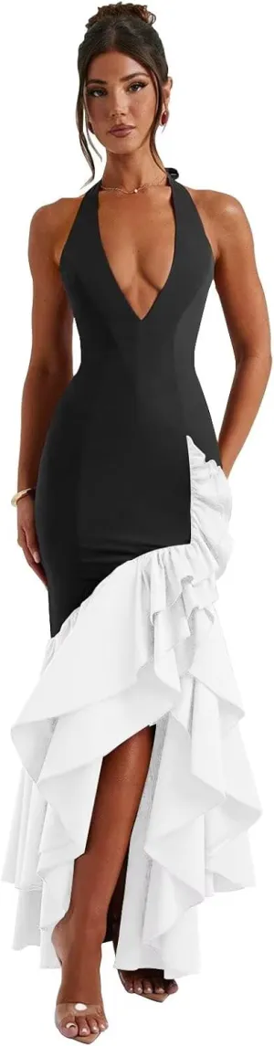 Basgute Satin Halter Prom Dresses for Women Ruffles Mermaid Long Deep V-Neck Formal Evening Party Gown with Slit