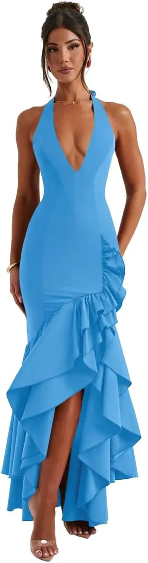 Basgute Satin Halter Prom Dresses for Women Ruffles Mermaid Long Deep V-Neck Formal Evening Party Gown with Slit