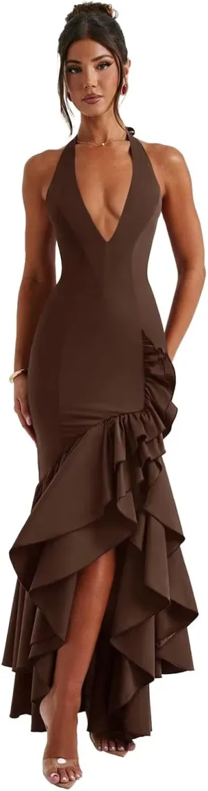 Basgute Satin Halter Prom Dresses for Women Ruffles Mermaid Long Deep V-Neck Formal Evening Party Gown with Slit